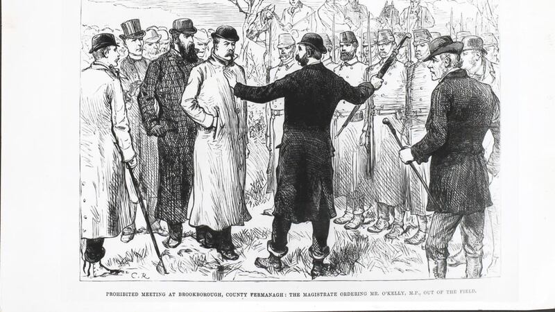 A  prohibited Irish Land League meeting   at Brookborough, Co Fermanagh in December 1880. From the Illustrated London News.  Photograph: Hulton Archive/Getty Images