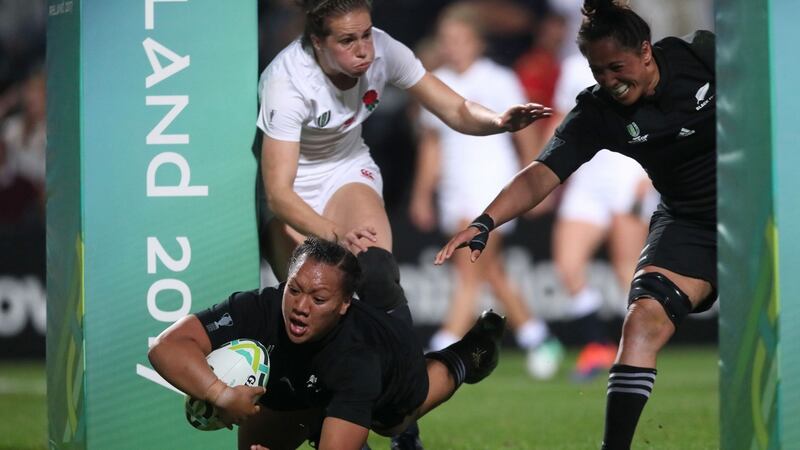 New Zealand’s Toka Natua dives in to score one of her three tries  during the  Women’s Rugby  World Cup Final against England at the Kingspan Stadium in  Belfast. Photograph: Brian Lawless/PA Wire