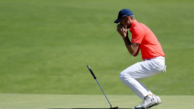 Jordan Spieth reacts after missing a putt during the opening round of the US Open. Photograph: Rob Carr/Getty