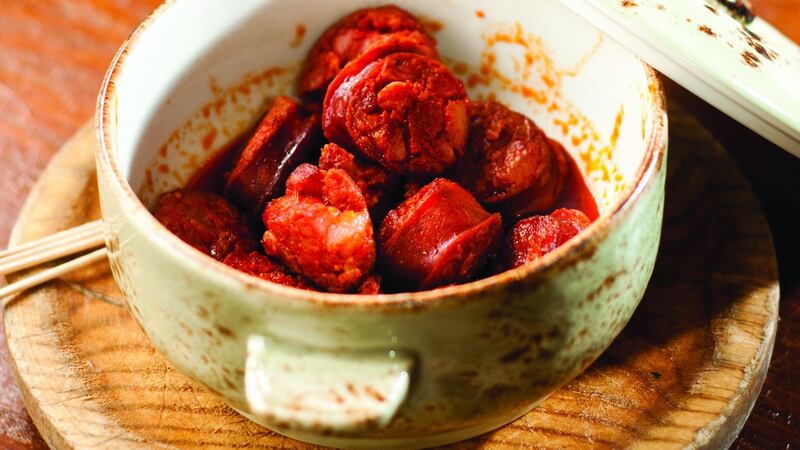 Chorizo with sherry.  Photograph: Julia Dunin