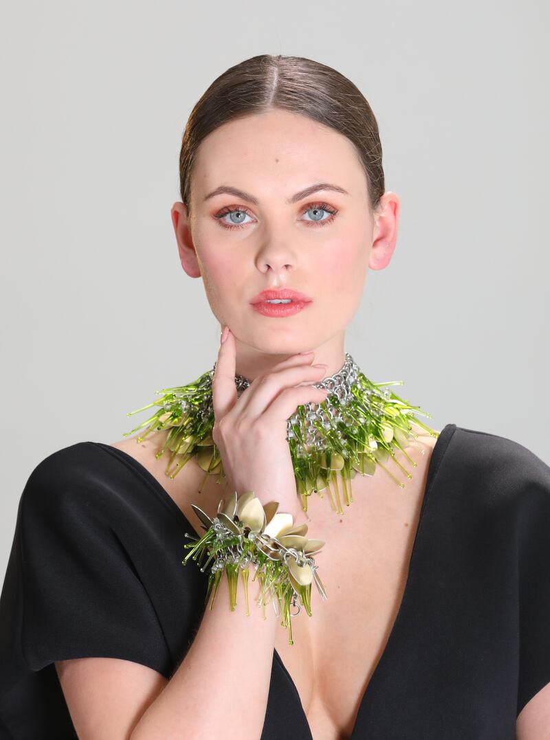 Glass and steel wire chain mail and gold aluminum neckpiece and bracelet by Sara Ross of FiorSo jewellery and glass artist Maggie Napier. Photograph: Sasko Lazarov
