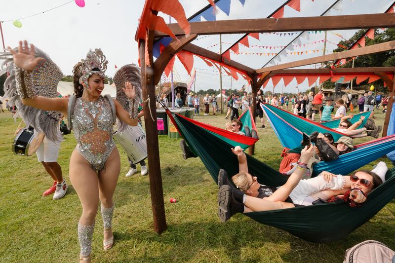 Electric Picnic: The Ria Soul Band waking up sleepy hammock users at  Mindfield. Photograph: Alan Betson
