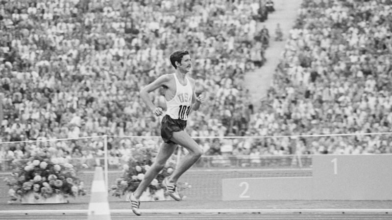 American runner Frank Shorter on his way to clinching the gold medal in the marathon event at   the 1972 Olympic Games in Munich, West Germany. Photograph: Tony Duffy/Allspor