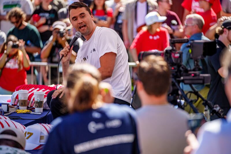 Charlie Kirk speaking at Utah Valley University on Wednesday shortly before he was shot. Photograph: Trent Nelson/Salt Lake Tribune via Getty Images