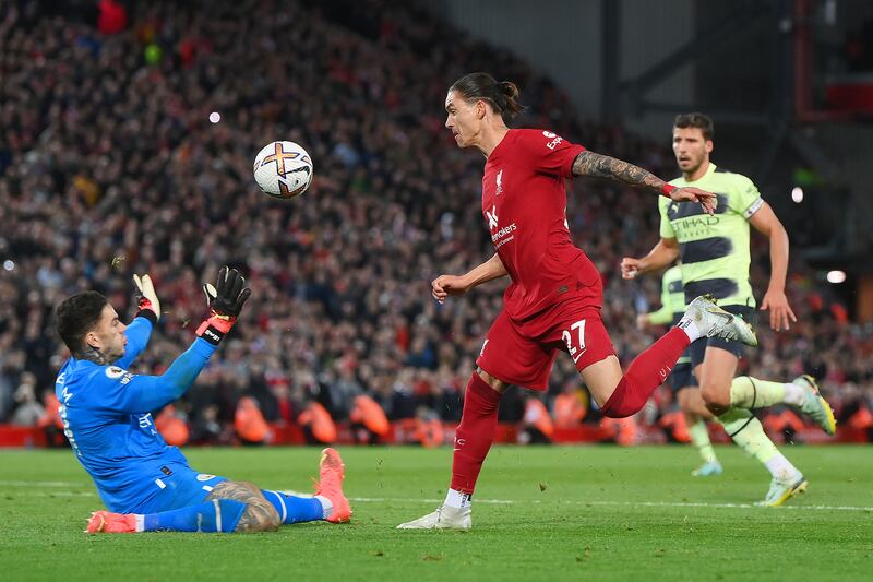  Darwin Nunez of Liverpool chips the ball over Ederson of Manchester City at Anfield. Nunez's was an astonishing display that combined pace, directness, terrible decision-making and awful finishing.
Photograph: Laurence Griffiths/Getty Images