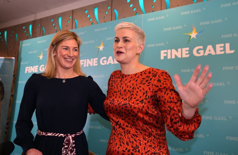 Fine Gael European andidates Nina Carberry (left) and Maria Walsh at a party meeting in March. Photograph: Dara Mac Dónaill/The Irish Times