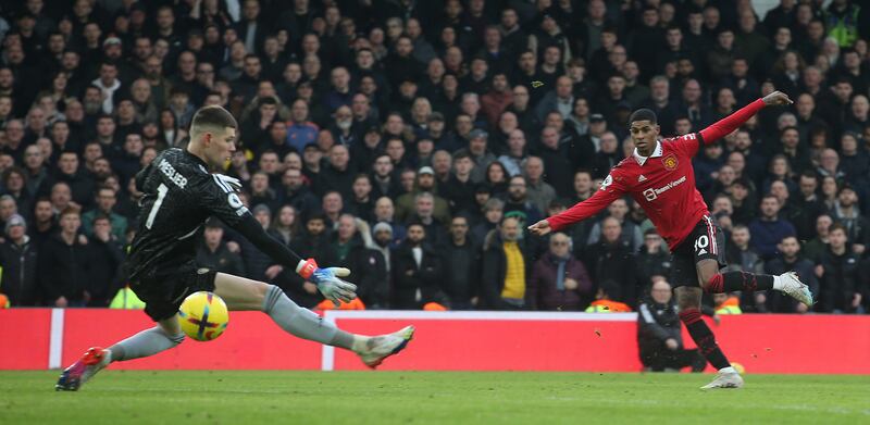 Striking effort: Marcus Rashford lashes a shot past Leeds' goalkeeper Illan Meslier during Manchester United's win at Elland Road. Photograph:  Matthew Peters/Manchester United via Getty Images