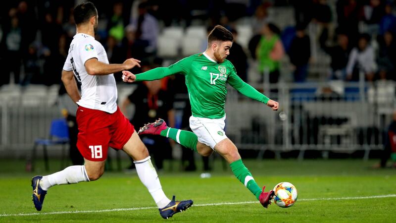 Aaron Connolly shoots after coming off the bench for Ireland against Georgia. Photograph: Ryan Byrne/Inpho