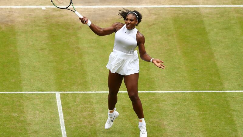 Serena Williams  plays a forehand during her victory over  Angelique Kerber at Wimbledon. Photograph: Julian Finney/Getty Images