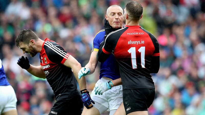 Aidan O’Shea and Kerry’s Kieran Donaghy proved an intriguing match-up in the drawn semi-final. Photograph: Ryan Byrne/Inpho