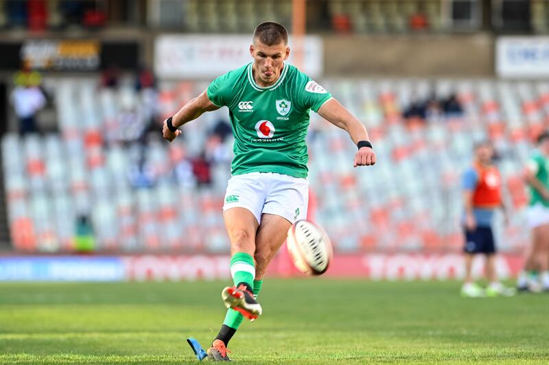 Sam Prendergast of Emerging Ireland kicks a conversion. Photograph: Darren Stewart/Steve Haag Sports/Inpho