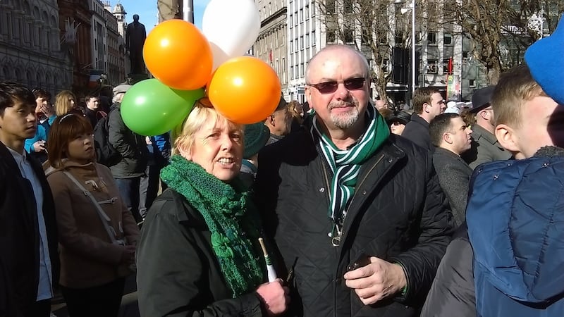 John and Angela Haskins at the parade in Dublin. Photograph: Ciarán D’Arcy