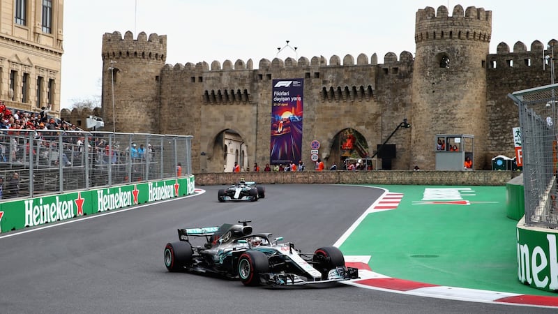 Mercedes’ Lewis Hamilton in action during the Azerbaijan Grand Prix. Photograph: Clive Mason/Getty