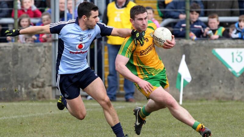 Dublin’s Kevin O’Brien in action against Donegal’s Patrick McBrearty. Photograph:   Inpho/Presseye