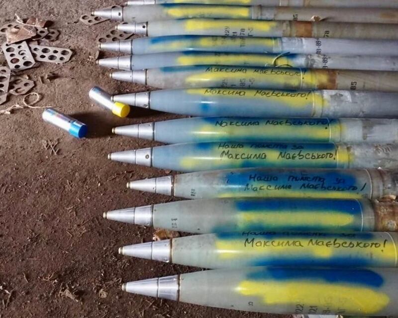 Ukrainian army rockets painted with the national colours and the message: 'Revenge for Maksym Mayevskyi'. Photograph: courtesy of Volodymyr Mayevskyi