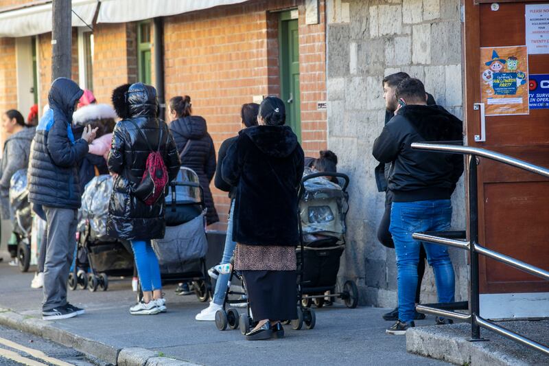 Hundreds queue for baby formula and nappies at the Capuchin Day Centre. Photograph: Tom Honan