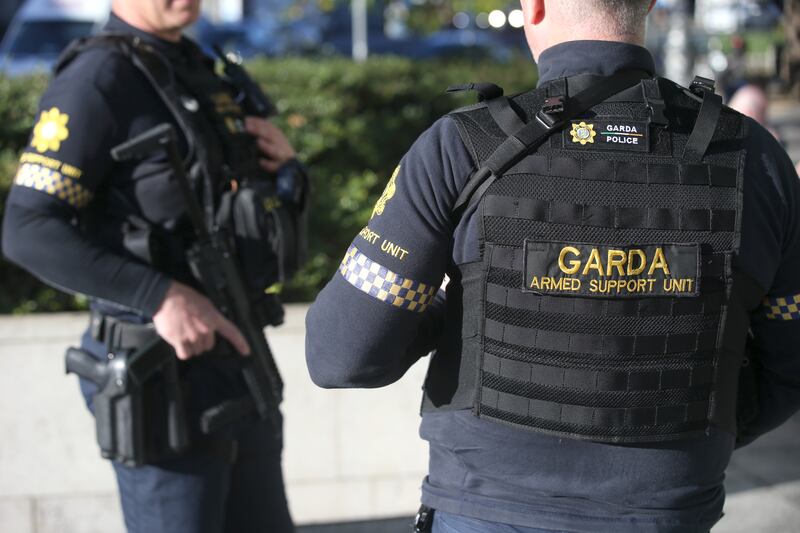  A member of the Garda Armed Support Unit provides added security at the Special Criminal Court during the trial of Gerry Hutch for the murder of David Byrne. Photograph: Collins Courts