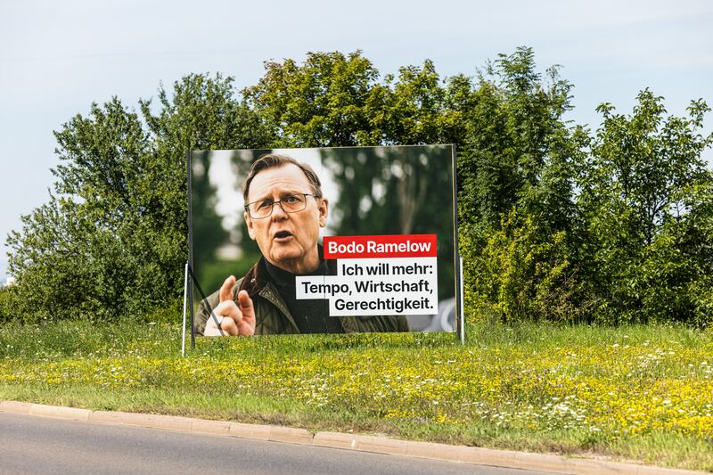Campaign ads for the left-wing Die Linke political party and its main candidate Bodo Ramelow: 'People shouting "remigration" and "foreigners out" will destroy this state,' says Ramelow. Photograph: Jens Schlueter