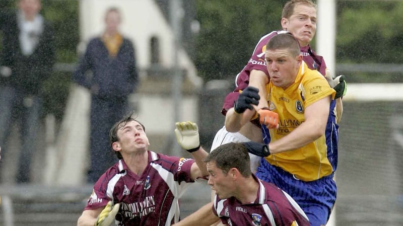 Seamus O’Neill contests a kickout in 2006, surrounded by three Galway players. Photograph: Donall Farmer/Inpho
