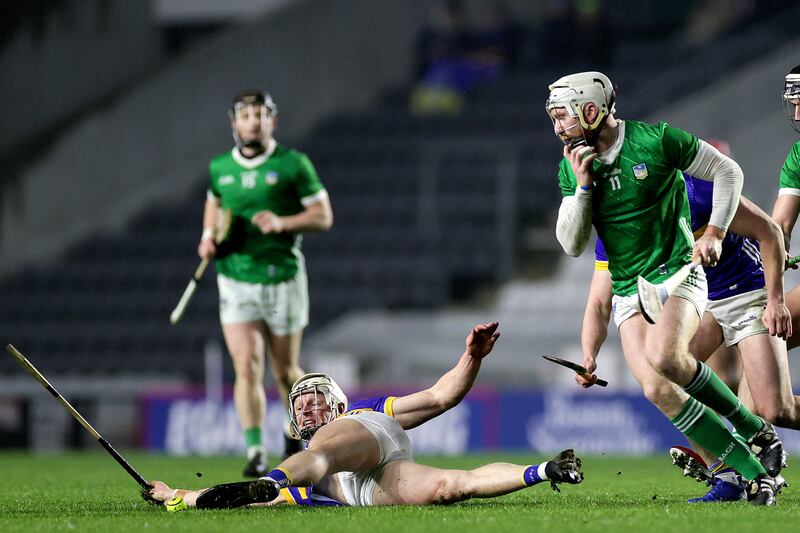 Allianz Hurling League Division 1B, SuperValu Pairc Ui Chaoimh, Cork 9/3/2024 
Limerick vs Tipperary 
Tipperary's Bryan O'Mara and Cian Lynch of Limerick
Mandatory Credit ©INPHO/Laszlo Geczo 