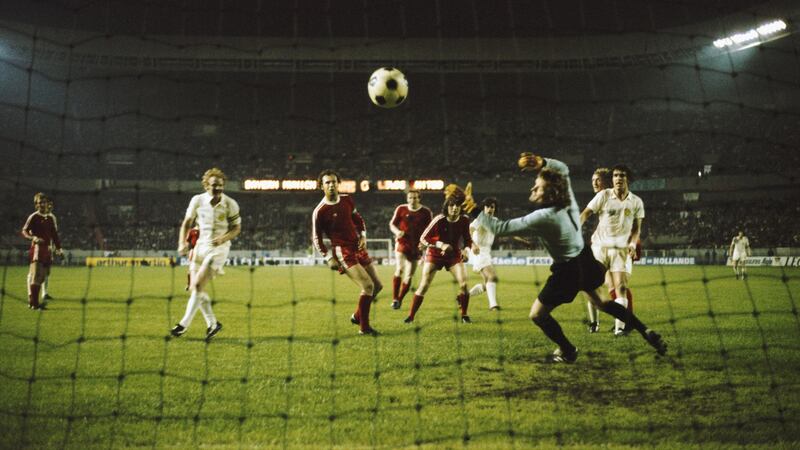 Peter Lorimer (6th left) has a goal disallowed for Leeds in the 62nd minute, when Billy Bremner (2nd left) was adjudged to be offside as Franz Beckenbauer (3rd left) and goalkeeper Sepp Maier look on during the 1975 European Cup Final between Bayern Munich and Leeds United at Parc de Princes on May 28th, 1975 in Paris, France. Photograph: Don Morley/Allsport/Getty Images