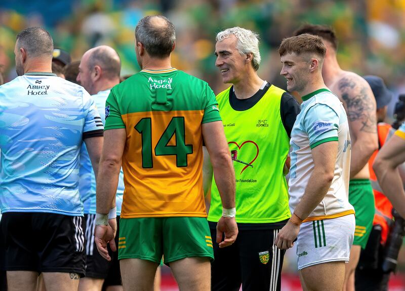 Donegal football manager Jim McGuinness with his players after the All-Ireland football semi-final against Meath at Croke Park on July 13th. Photograph: Tom O’Hanlon/Inpho
