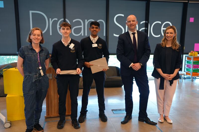Students from Confey Community College in Leixlip, Co Kildare who won the Microsoft Dream Space: Brainwaves national competition for their project EcoWise AI