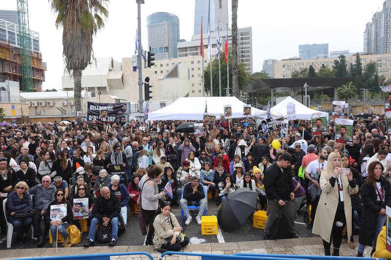 People take part in a '100 Days of Hell' rally, marking the 100th day since the October 7th Hamas attack and taking of Israeli hostages, in Tel Aviv on Sunday. Photograph: Abir Sultan/EPA