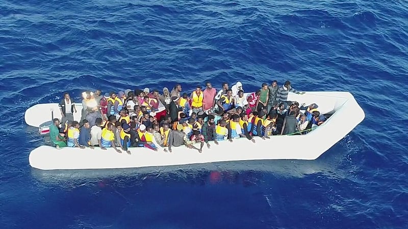 The LÉ Eithne rescued 703 migrants from five inflatable boats about 83km off the North West coast of Tripoli on Friday. Photograph: Defence Forces