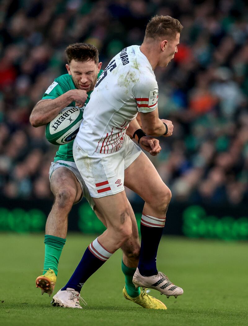 England’s Freddie Steward tackles Ireland's Hugo Keenan during their Six Nations encounter. Steward was sent off. Photograph: Dan Sheridan/Inpho