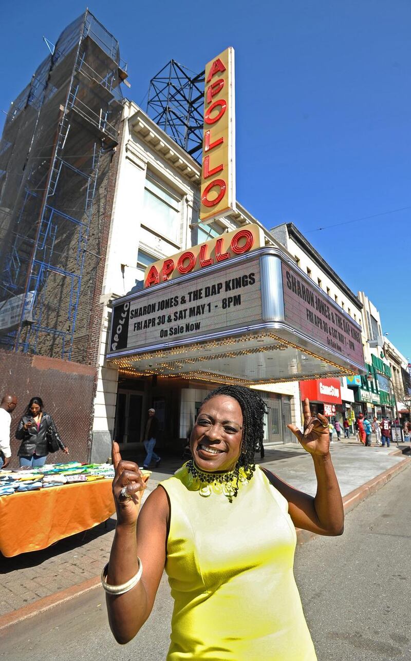 Sharon Jones outside the Apollo theatre in Harlem. Photograph:  Susan Watts/Getty Images