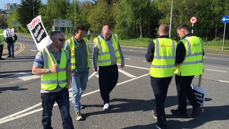 Striking Luas drivers at the Sandyford tram deport on Friday. Photograph: Cyril Byrne/The Irish Times.