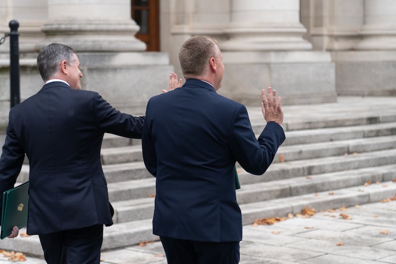 2023: Michael McGrath and Paschal Donohoe arrive at a photocall for the budget. Photograph: Barry Cronin