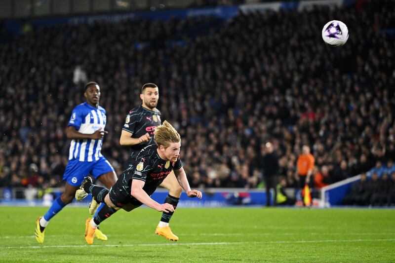 Kevin De Bruyne's beautiful diving header for Manchester City against Brighton in April was like an apparition. Photograph: Mike Hewitt/Getty Images