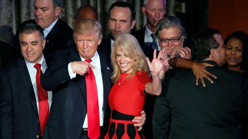 US Republican presidential nominee Donald Trump with campaign manager Kellyanne Conway on stage on election night in 2016.  Photograph: Shawn Thew/EPA
