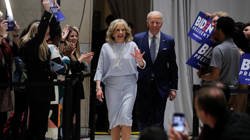 Democratic presidential candidate and former vice-president Joe Biden arrives with his wife, Jill, at The National Constitution Center in Philadelphia, Pennsylvania. Photograph: Brendan McDermid/Reuters