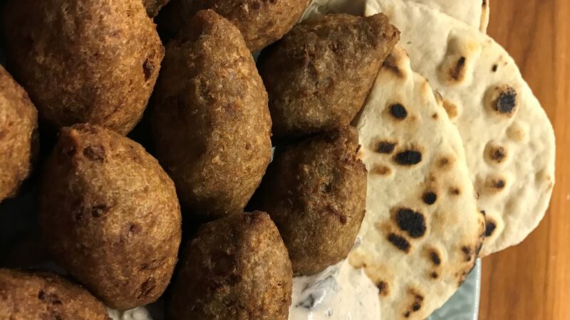 Colm O’Gorman’s kibbeh with flatbread and warm yoghurt sauce