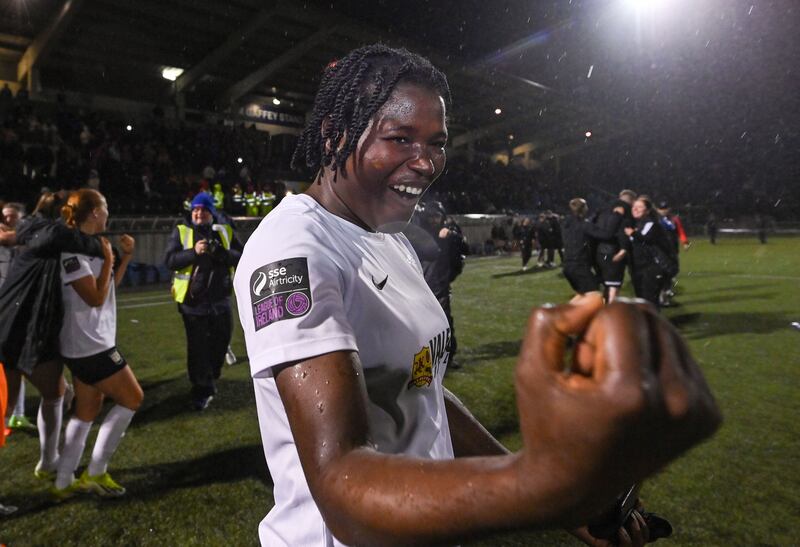 Athlone Town's Brenda Ebika Tabe celebrates after her side won the SSE Airtricity Premier Division title. Photograph: Sam Barnes/Sportsfile.