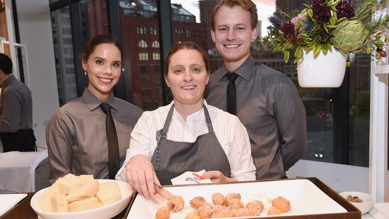 Chef April Bloomfield (C) says we should listen to our courgettes frying. Photograph:  Jamie McCarthy/Getty Images