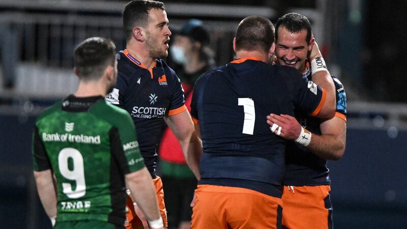 Edinburgh’s Henry Immelman celebrates scoring a try in the 56-8 victory over Connacht. Photograph: Craig Watson/Inpho