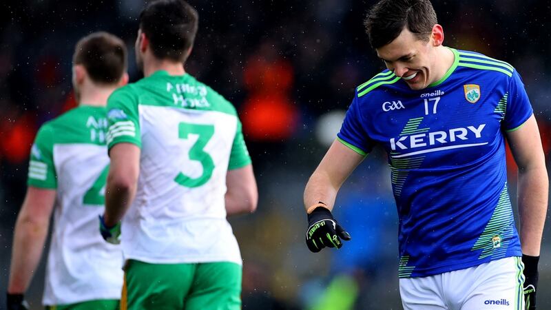 Kerry’s David Clifford celebrates his first goal against Donegal. Photograph: James Crombie/Inpho