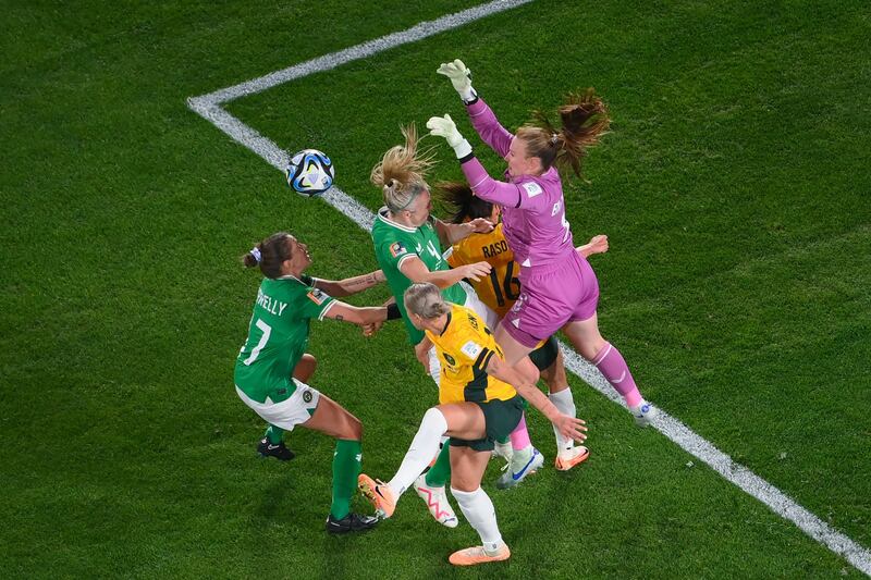 Ireland's goalkeeper Courtney Brosnan makes a save against Australia. Photograph: Franck Fife/AFP via Getty