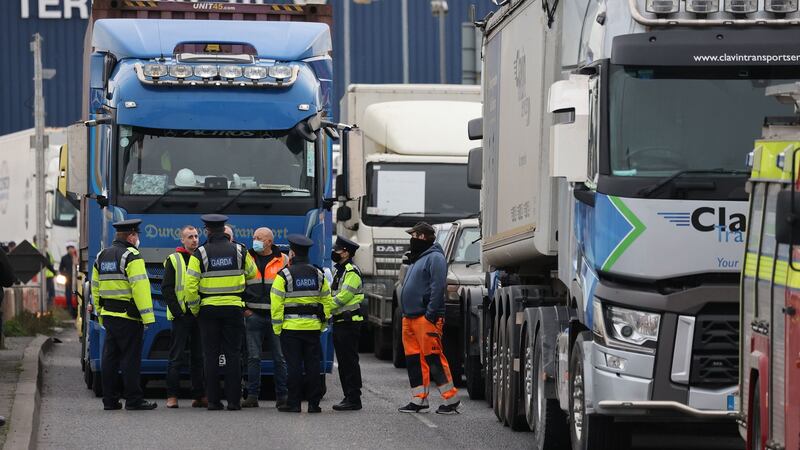 Gardaí attending the scene of a truckers’ protest at Dublin Port on Monday. Photograph: Nick Bradshaw