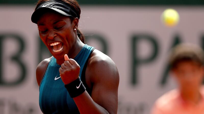 Sloane Stephens  reacts after winning a point against Simona Halep during the  French Open final  at Roland Garros in Paris. Photograph: Yoan Valat/EPA