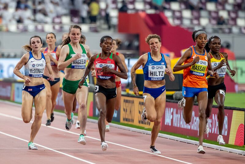 Sifan Hassan competing with Ireland's Ciara Mageean in the 1,500m. Photograph: Morgan Treacy/Inpho