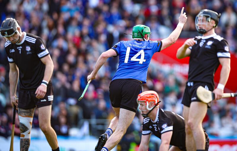 Sarsfields' James Sweeney celebrates after scoring his side's first goal of the match. Photograph: Tom Maher/Inpho