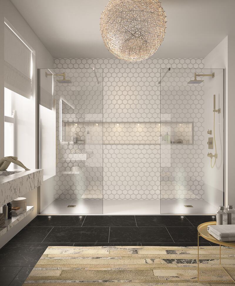 Merlyn’s twin shower wall creates the sleek look of a wet-room