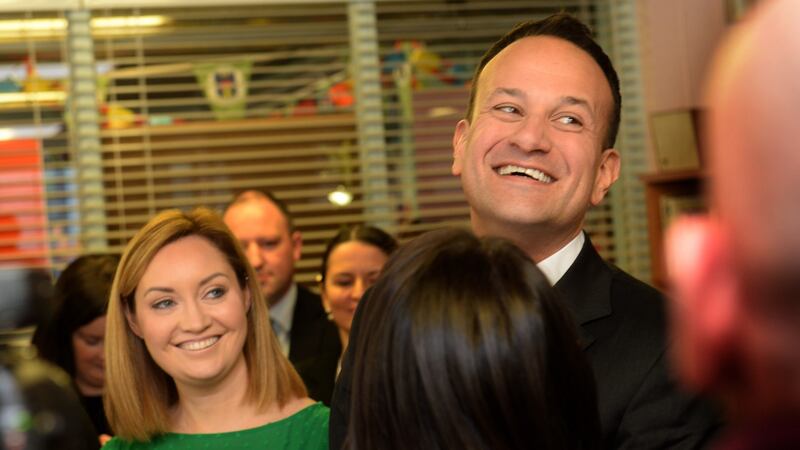 Taoiseach Leo Varadkar visiting St Joseph’s College, Lucan with local Fine Gael candidates Cllr Vicki Casserly (left) and Emer Higgins. Photograph: Dara Mac Dónaill/The Irish Times