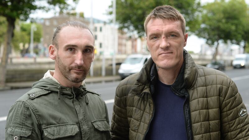 Darragh and Gary at Merchants Quay Ireland in Dublin. The “night cafe” – which provided roll-out beds on the floor for about 60 people a night – is gone. Photograph: Dara Mac Dónaill