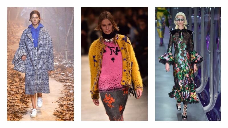 Check coat, €2105, Off White, Brown Thomas; Cardi by Prada; Folklore-inspired at Gucci